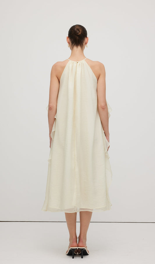 Halterneck Rose Detail Ruffle Midi Dress