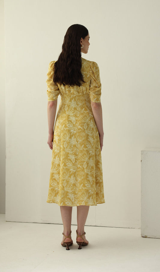 Yellow Printed Short Sleeve Midi Dress