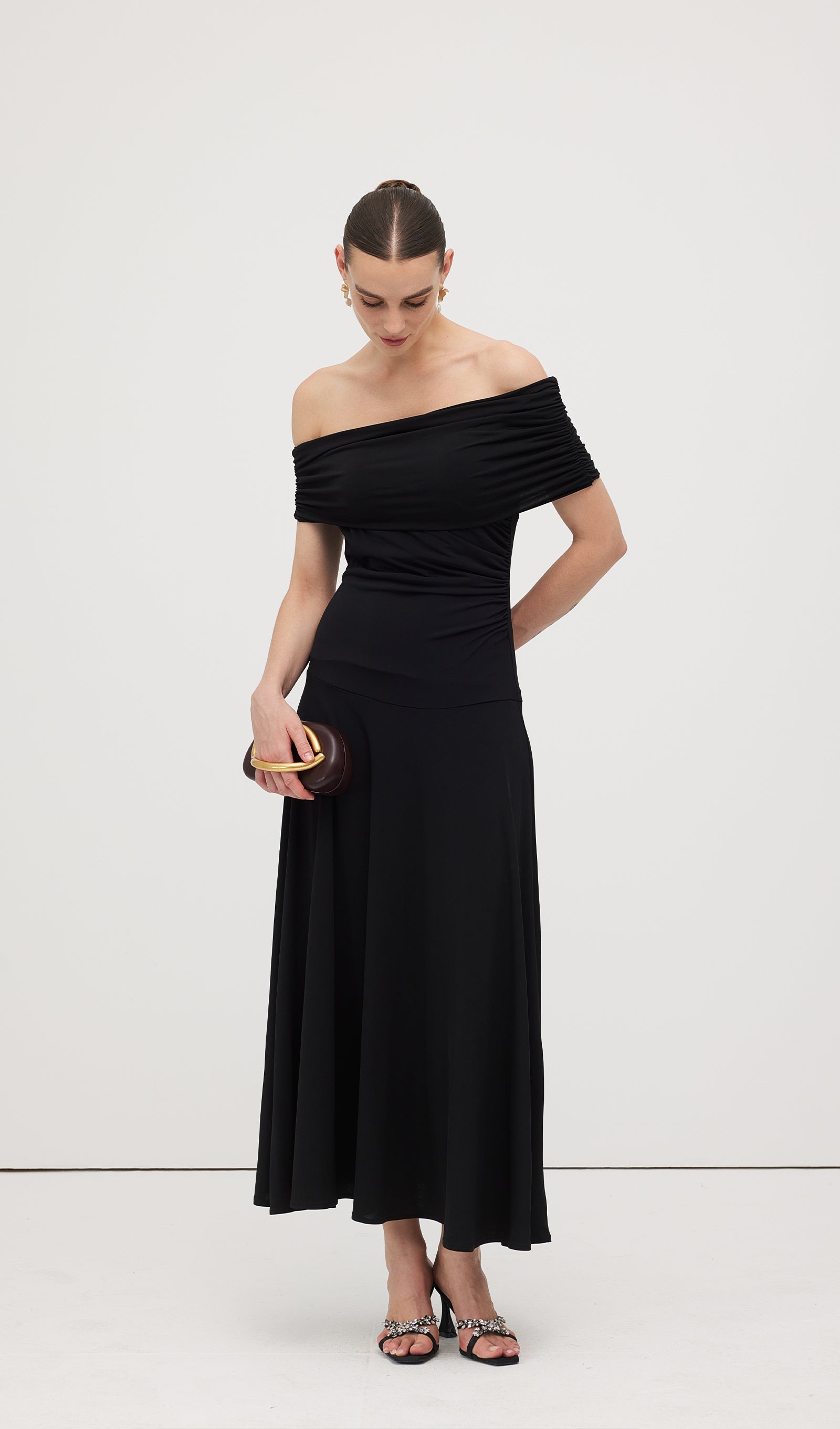 Off Shoulder Draped Midi Dress