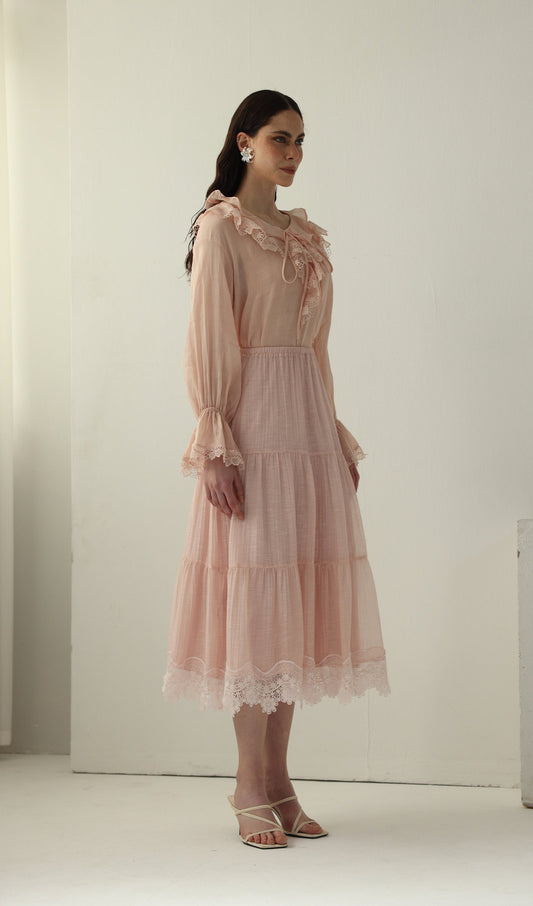 V Neck Lace Panel Ruffled Top