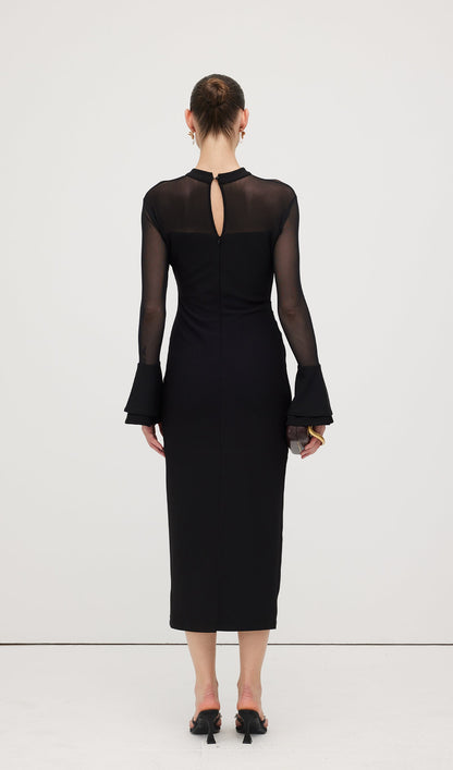 Mesh Stitching Long Sleeve Midi Dress