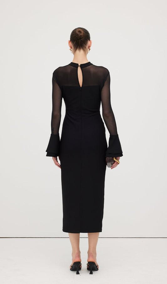 Mesh Stitching Long Sleeve Midi Dress