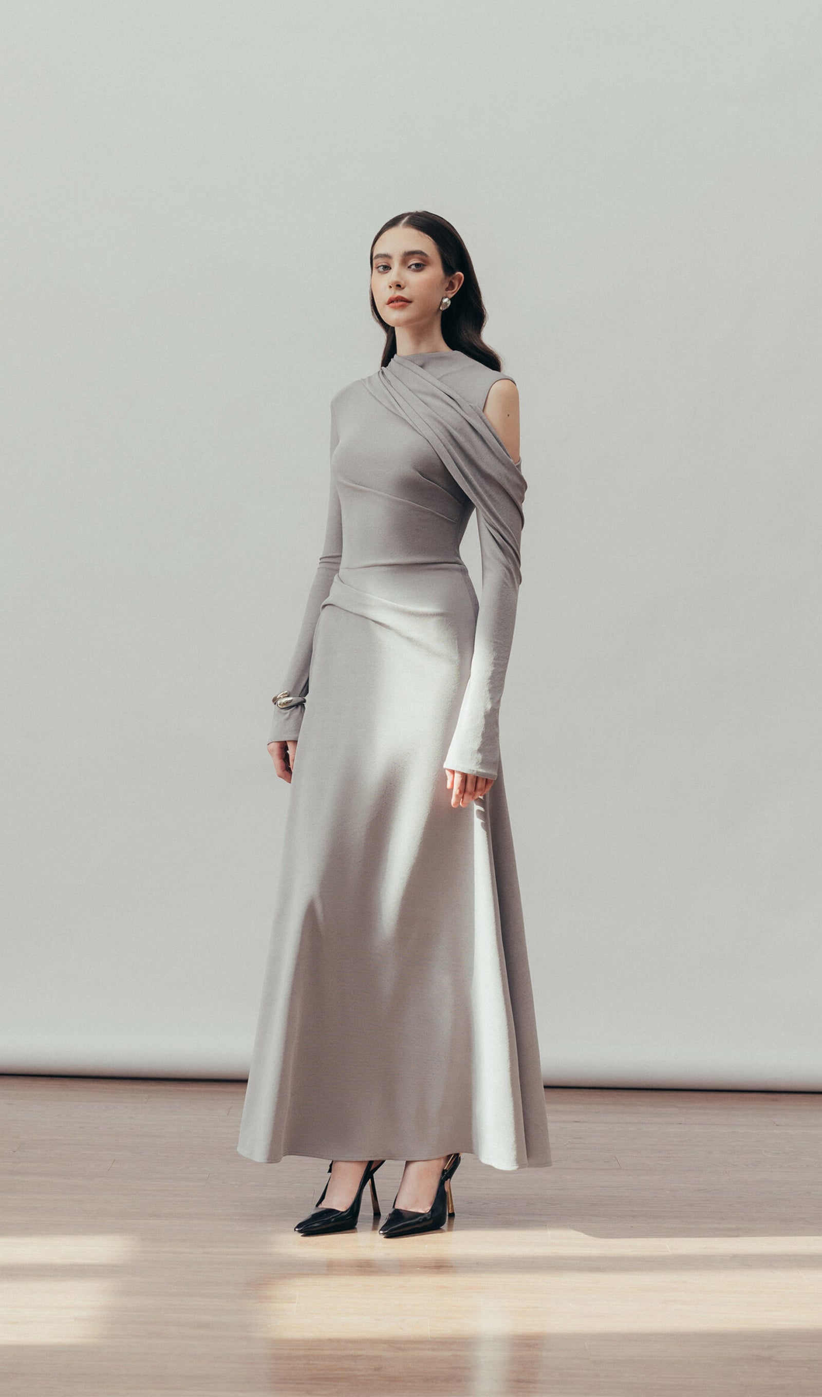 Solid Fitted Draped Maxi Dress