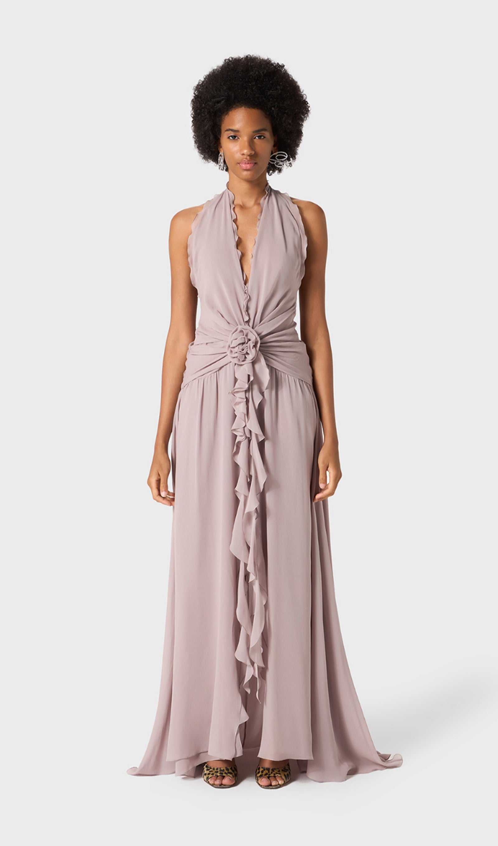 Halter Ruffles Rose Decoration Maxi Dress