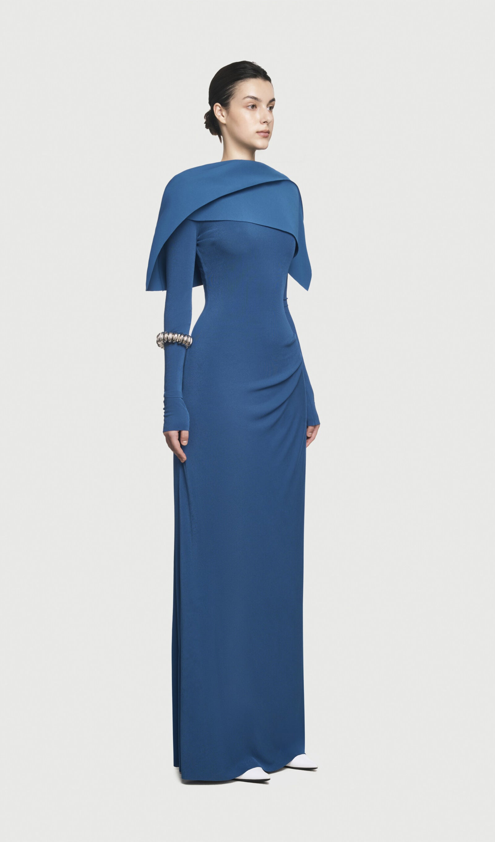 Asymmetrical Draped Shoulder Pleat Maxi Dress