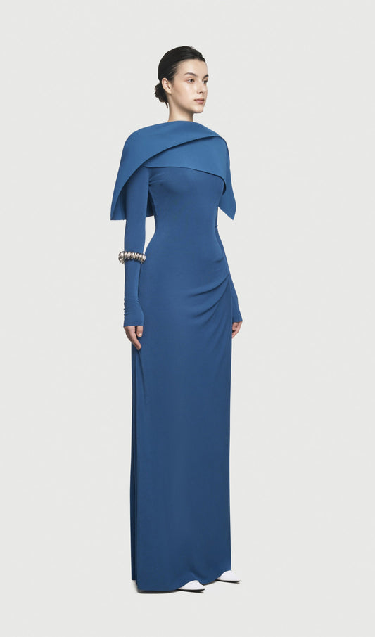 Asymmetrical Draped Shoulder Pleat Maxi Dress