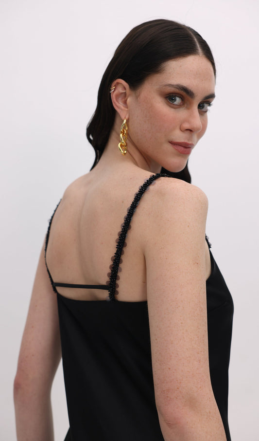 Solid Sequined Slip Midi Dress Black