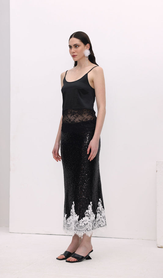 Sequinned Lace Trim Midi Skirt