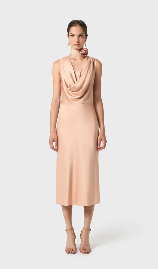 Shiny Satin With Draped Neckline Midi Dress