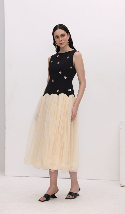 Vintage Contrast Tulle Midi Dress