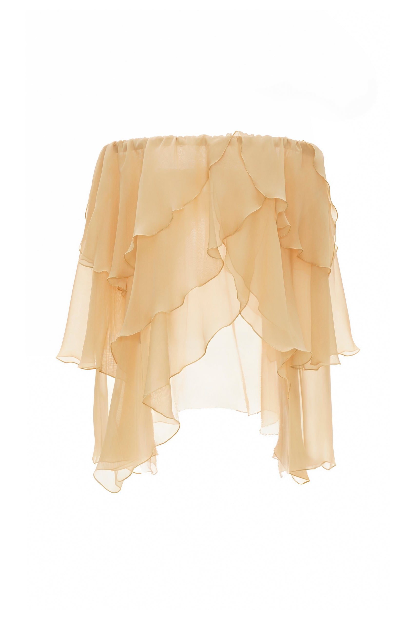 Off-Shoulder Multi-Layer Asymmetric-Ruffle Long-Sleeve Top and Side-Slit Skirt Chiffon Two-Piece Set