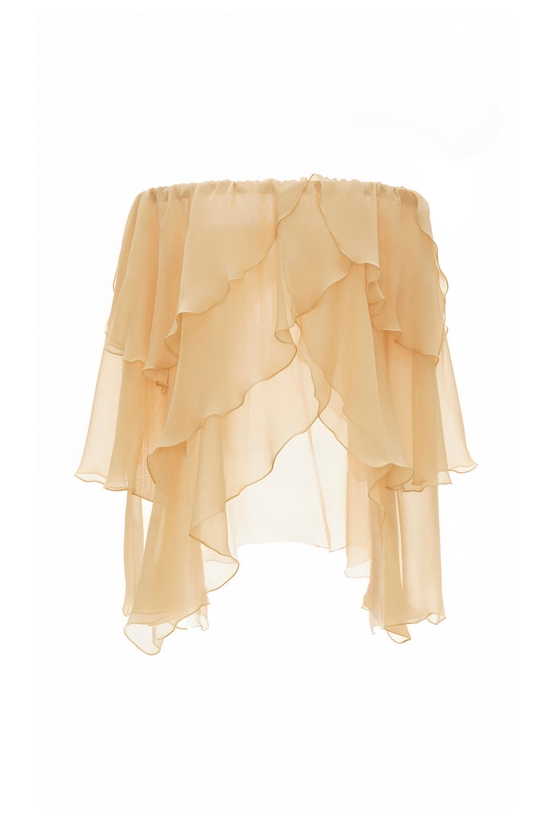 Off-Shoulder Multi-Layer Asymmetric-Ruffle Long-Sleeve Top and Side-Slit Skirt Chiffon Two-Piece Set