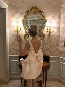 Satin Backless Bow Mini Evening Dress