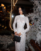 High-Neck Long-Sleeve Corset-Inspired White Lace Dress