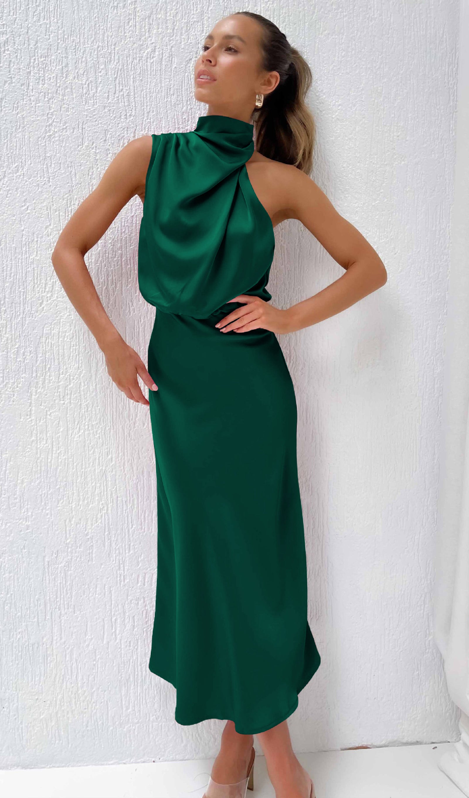 Asymmetric Satin Midi Dress