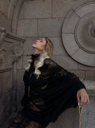 V-Neck Front-Center Cut-Out Set-In -Sleeve Ruched Cocoon Lace Dress