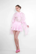 Chiffon Tiered-Ruffle Long-Sleeve Blouse and Tiered Mini Skirt Two-Piece Set