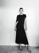 Crew-Neck Asymmetric-Sleeve Open-Back Black Knit Dress