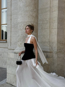 Scarf-Style Strapless Black-and-White Chiffon Paneled Dress