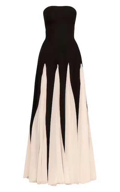 Black and White Pleated Chiffon Maxi Dress