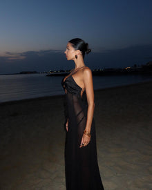 Spaghetti Strap Low-Cut Cutout Open-Back Tie Satin-Chiffon Paneled Semi-Sheer Dress