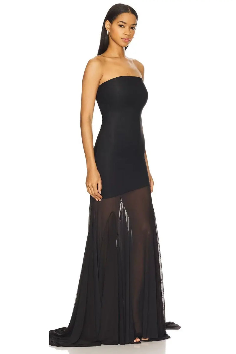 Strapless Bodycon Mesh Paneling Maxi Dres – Elegant Party & Evening Wear
