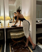 Halter High-Neck Sleeveless Backless Black-and-White Pleated Dress