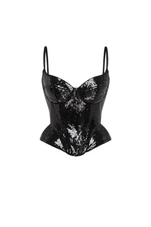 Black Sequin Spaghetti Strap Corset Top and Skirt Two-Piece Set