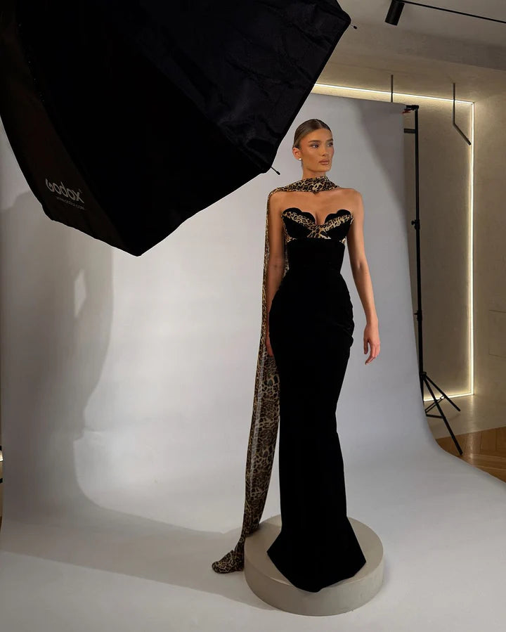 Strapless Leopard Velvet Gown