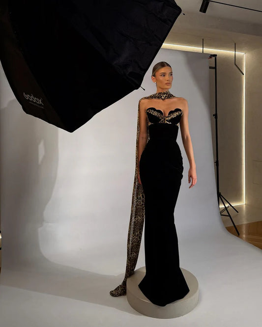Strapless Leopard Velvet Gown