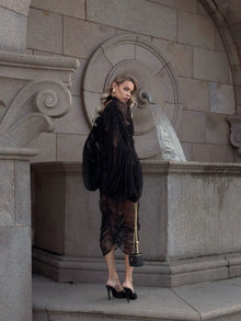 V-Neck Front-Center Cut-Out Set-In -Sleeve Ruched Cocoon Lace Dress