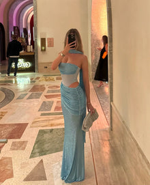 Scarf-Style Bandeau Mesh Rhinestone Waist Cut-Out Dress