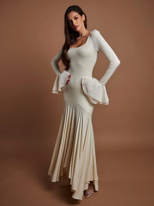 Square Neck Ruffle Long-Sleeve Asymmetrical Hem Maxi Dress