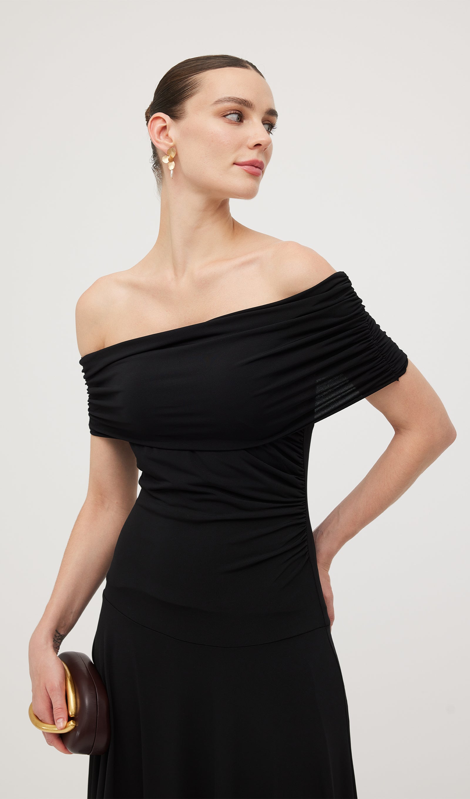 Off Shoulder Draped Midi Dress