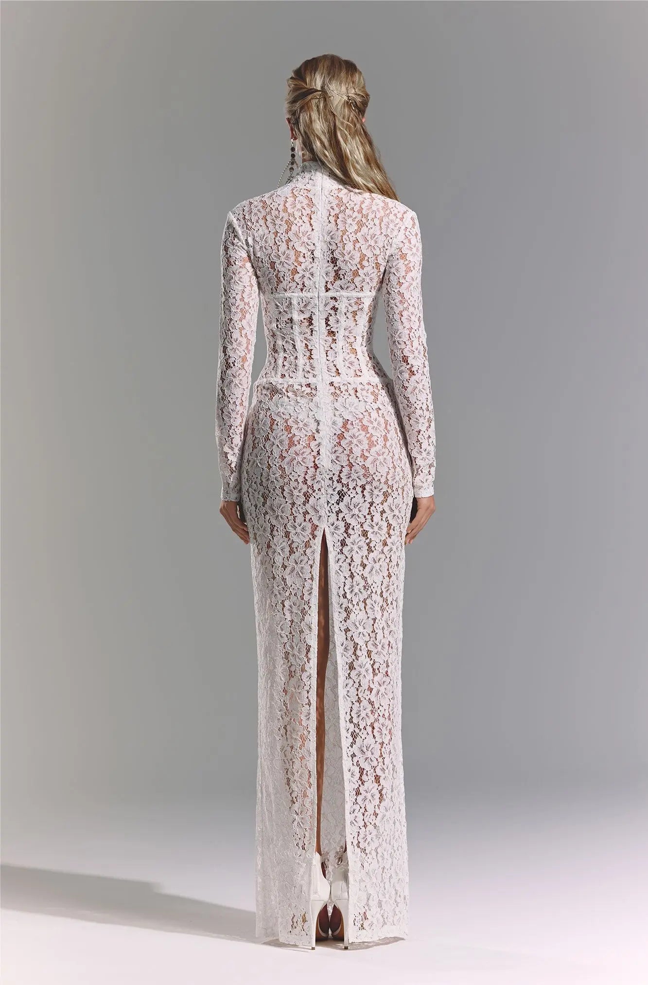 High-Neck Long-Sleeve Corset-Inspired White Lace Dress
