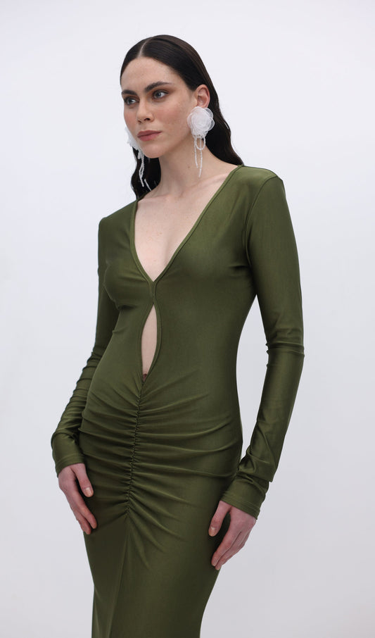 V Neck Ruched Maxi Dress