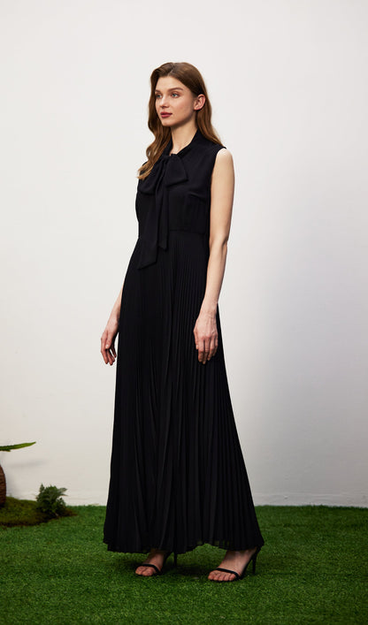 Stretch Knit Pleated Satin Midi Dress
