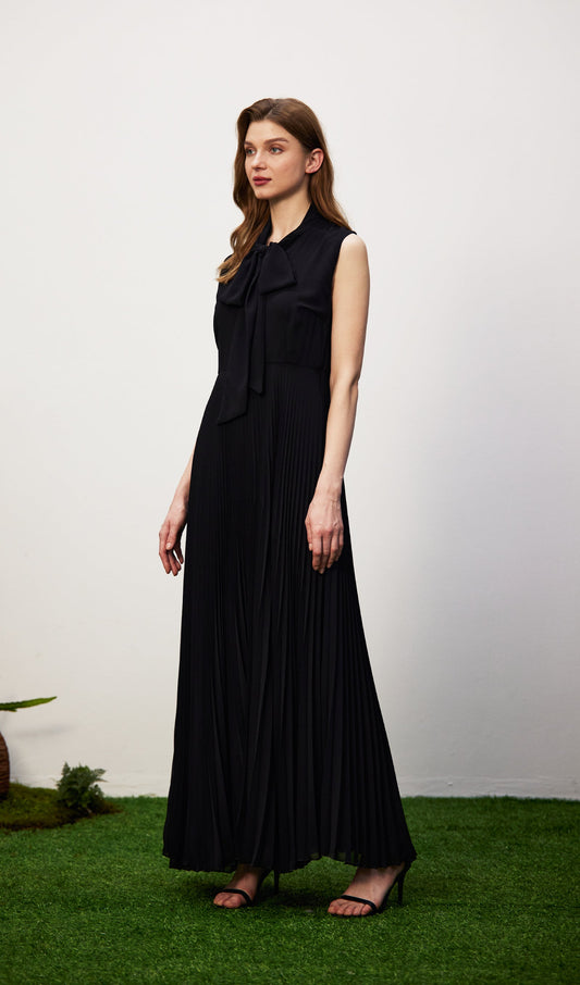 Stretch Knit Pleated Satin Midi Dress