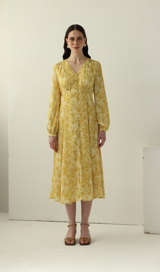 Yellow Floral Printed V Neck Midi Dress