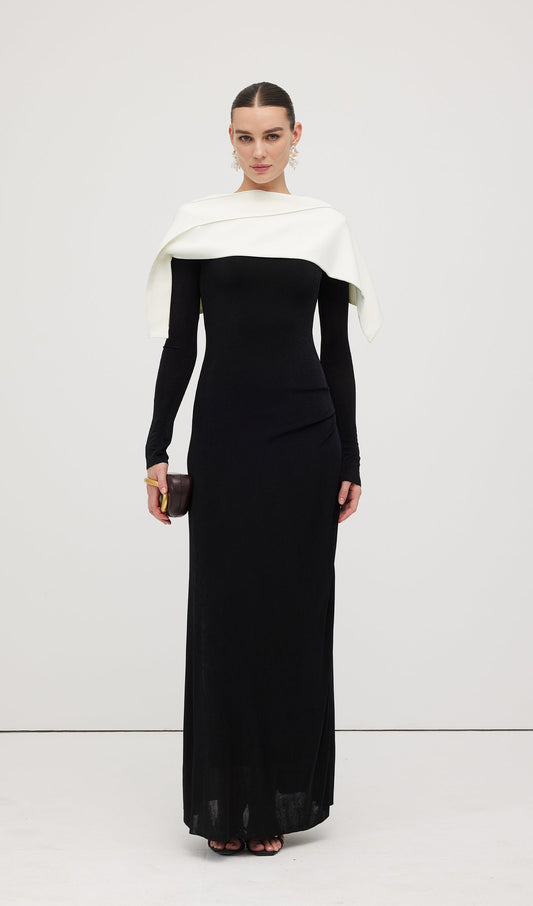 Asymmetrical Draped Shoulder Pleat Maxi Dress