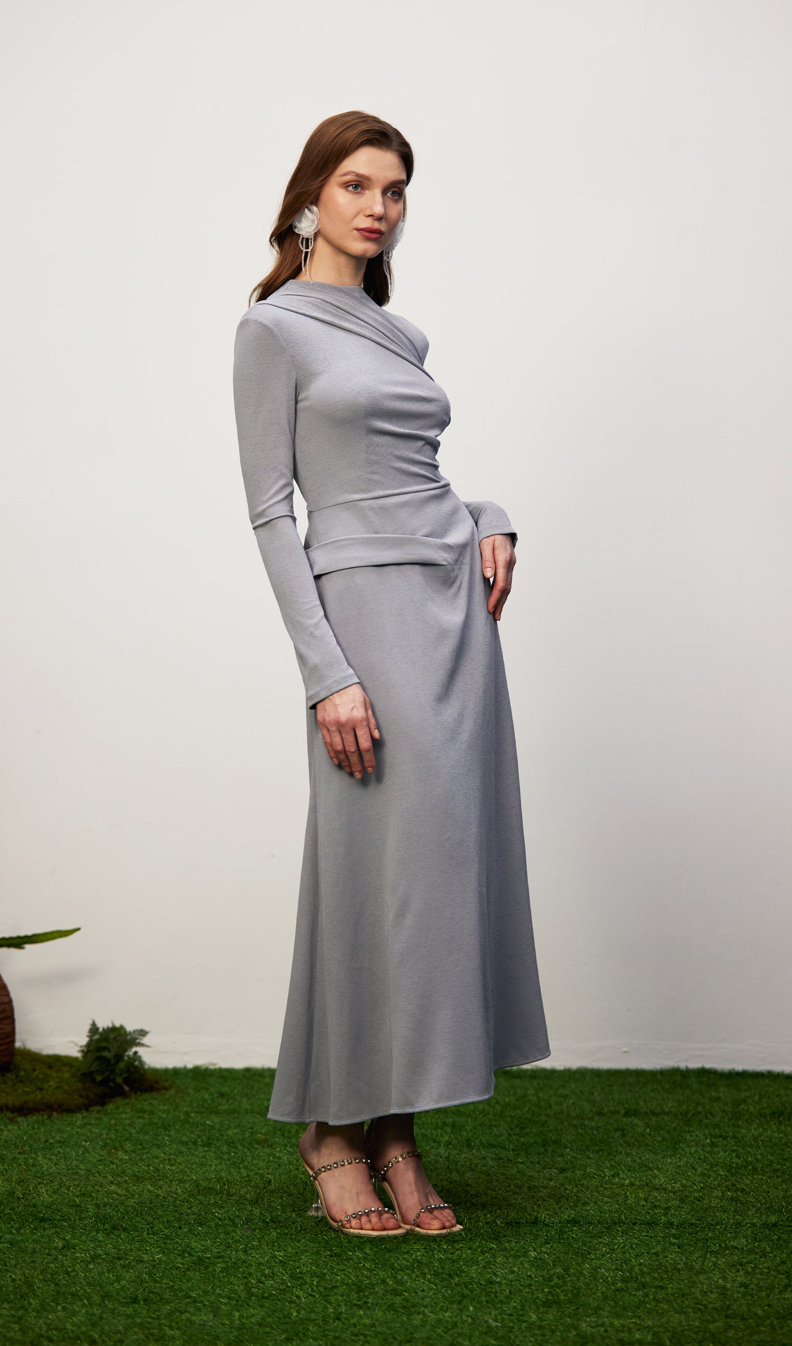 Solid Fitted Draped Maxi Dress