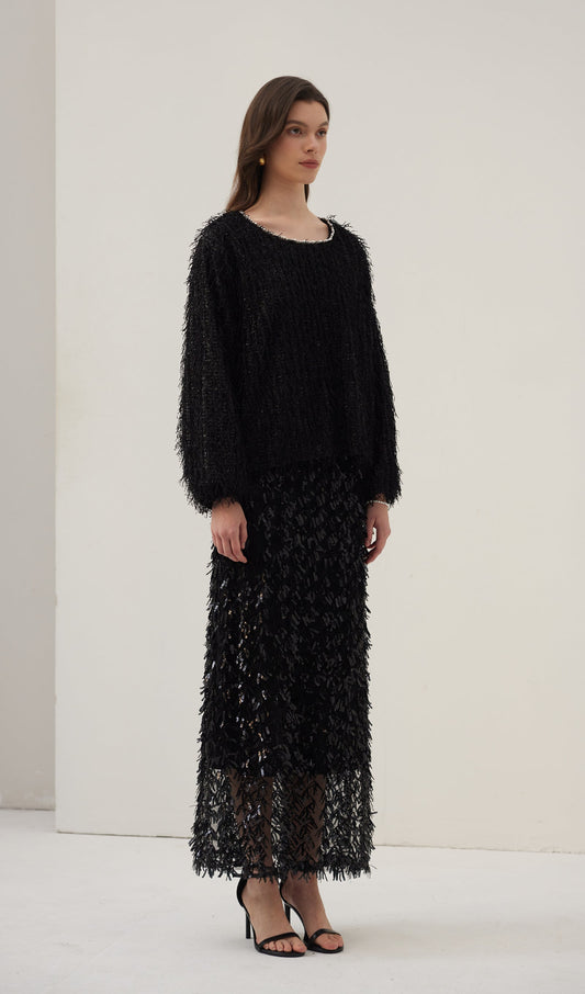 Black Feather Midi Skirt