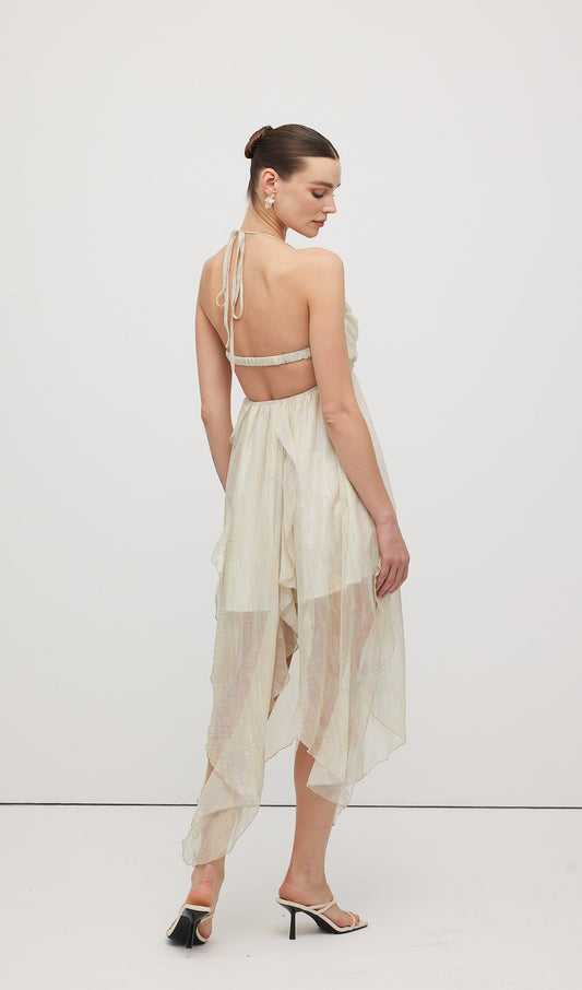 Halter Tulle Pleated Midi Dress
