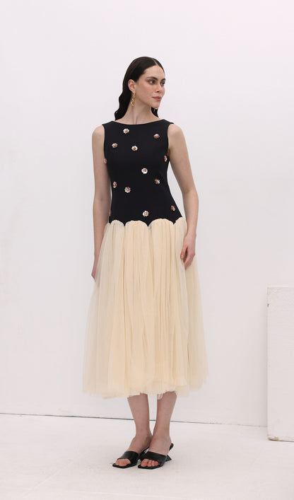 Vintage Contrast Tulle Midi Dress