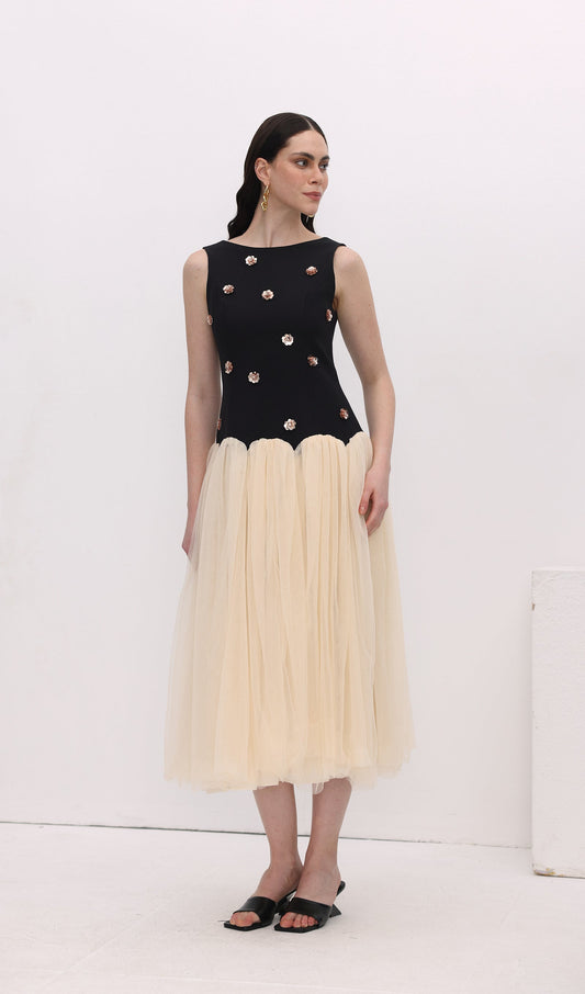 Vintage Contrast Tulle Midi Dress