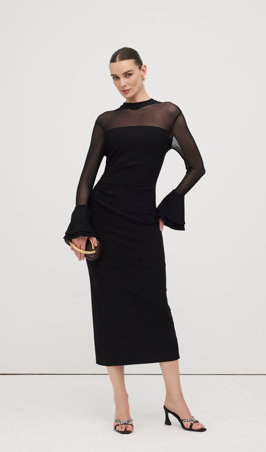 Mesh Stitching Long Sleeve Midi Dress