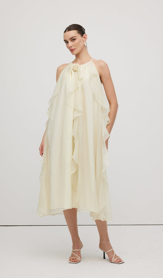Halterneck Rose Detail Ruffle Midi Dress