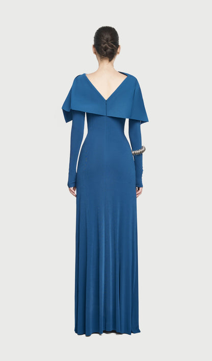 Asymmetrical Draped Shoulder Pleat Maxi Dress