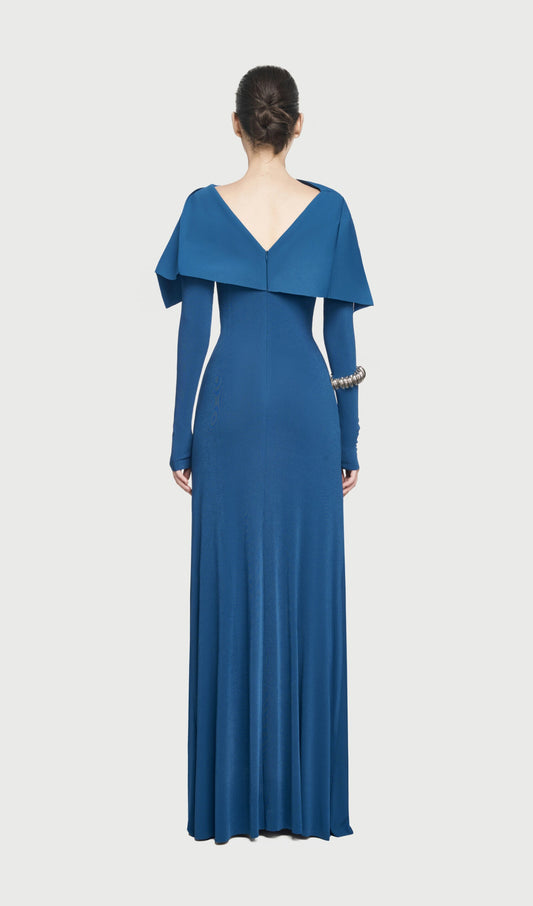 Asymmetrical Draped Shoulder Pleat Maxi Dress