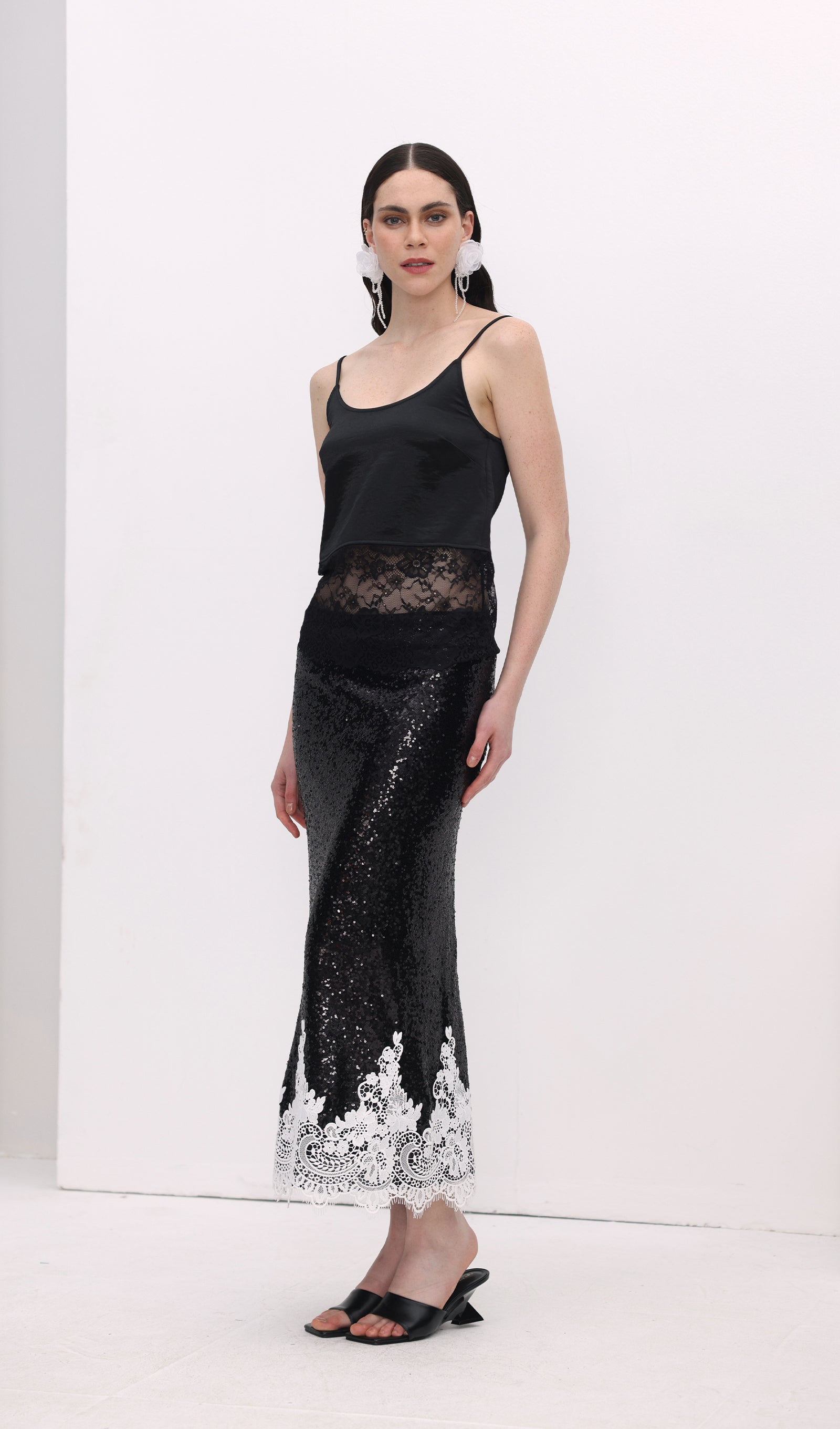 Sequinned Lace Trim Midi Skirt